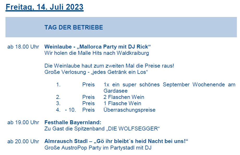 Programm Freitag, 14. Juli 2023